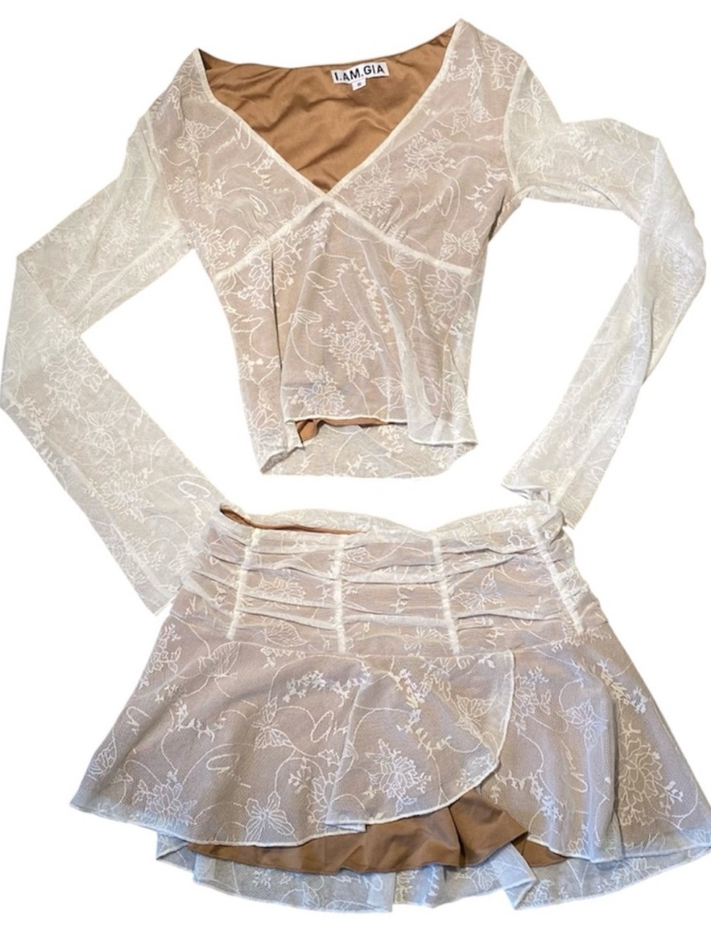I.AM.GIA White Lace Long Sleeve Crop Top & Skirt Set